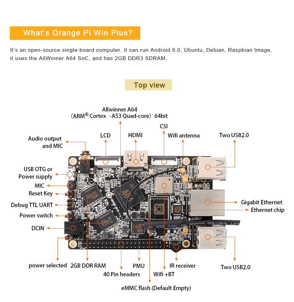 Orange PI Win Plus A64 Quad-core Cortex-A53 2GB DDRAM3 - Ảnh 3