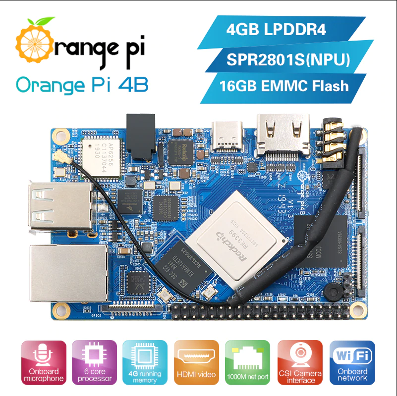 Bo mạch Orange Pi 4B Rockchip RK3399 4GB DDR4 bản 16GB EMMC kèm NPU SPR2801S
