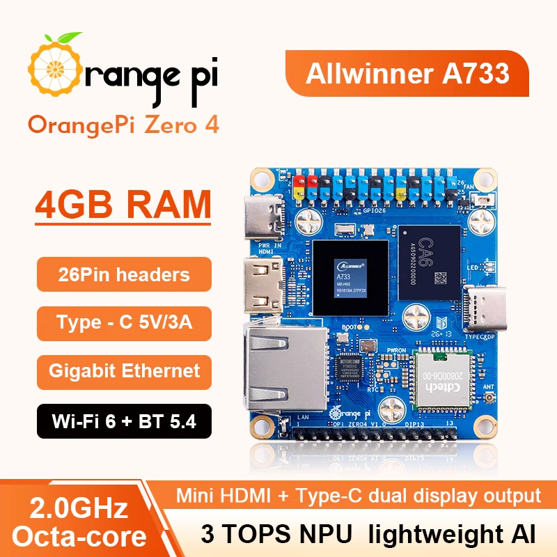 Orange Pi Zero 4 bản 4GB với Allwinner A733, NPU 3 TOPS, Wi-Fi 6, Bluetooth 5.4 và Gigabit Ethernet.