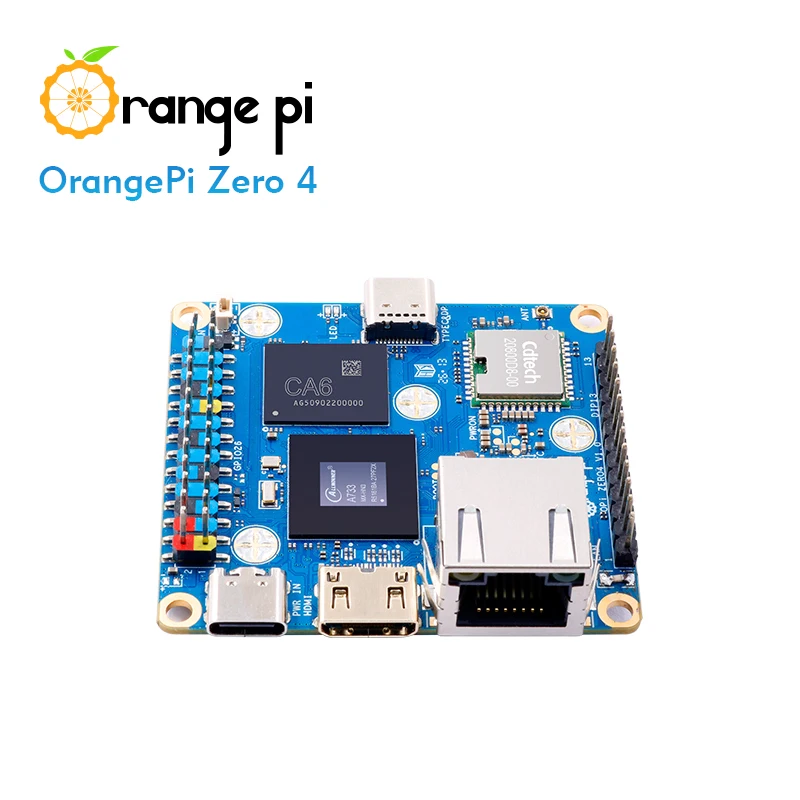 Orange Pi Zero 4 nhìn từ góc 3/4, thể hiện bo mạch và các cổng kết nối.