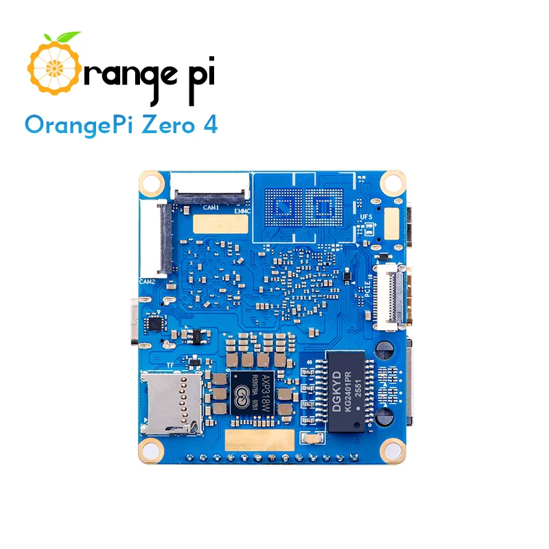 Mặt dưới bo mạch Orange Pi Zero 4 với các vị trí TF, eMMC, camera và PCIe.