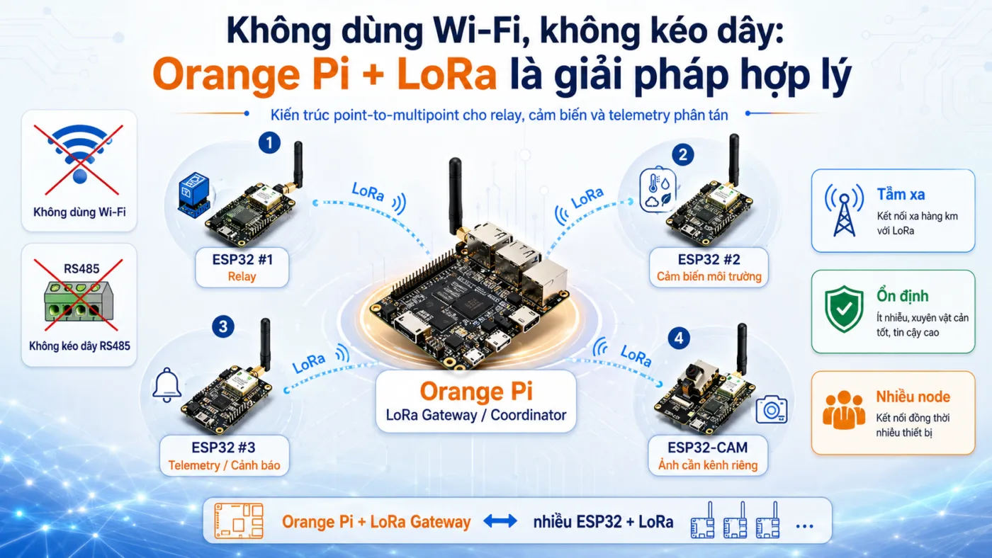 Sơ đồ Orange Pi làm LoRa Gateway kết nối point-to-multipoint với nhiều ESP32 LoRa cho relay, cảm biến và telemetry