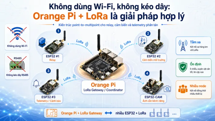 Sơ đồ Orange Pi làm LoRa Gateway kết nối point-to-multipoint với nhiều ESP32 LoRa cho relay, cảm biến và telemetry