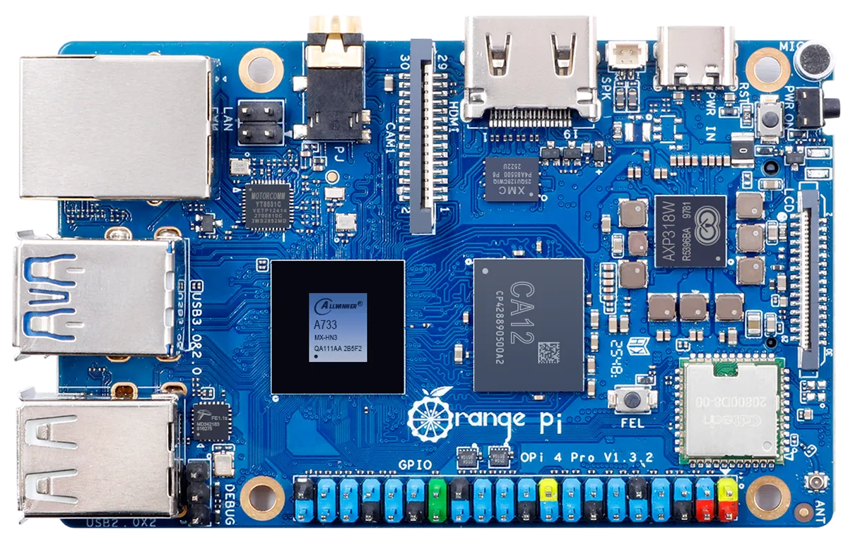 Mặt trên Orange Pi 4 Pro V1.3.2 dùng Allwinner A733, với Ethernet, HDMI, USB, GPIO và Wi-Fi